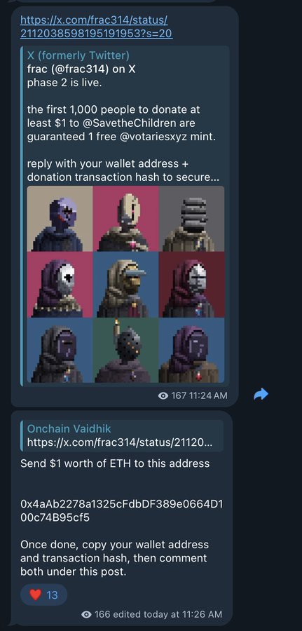 The image displays a screenshot of a tweet from X (formerly Twitter) by user @frac314 announcing that "phase 2 is live," promoting a charity mint where the first 1,000 people donating at least $1 to @SavetheChildren receive a free @votariesxyz NFT featuring pixel-art knight characters. Below the tweet, an "Onchain Vaidhik" bot provides instructions to send $1 worth of ETH to address 0x4aAb2278a1325cFdbDF389e0664D100c74B95cf5, then comment with the wallet address and transaction hash — aligning with the post's excitement about this charitable mint opportunity.