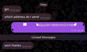 A text message conversation displays a user asking 'which address do I send' and receiving a cryptocurrency wallet address starting with '0xQxr9CVt6fbyAhZiYX8'.