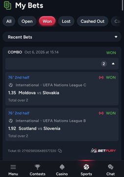 A screenshot of a sports betting app showing a 'My Bets' section displaying a recent won combo bet on Moldova vs Slovakia and Scotland vs Slovenia.