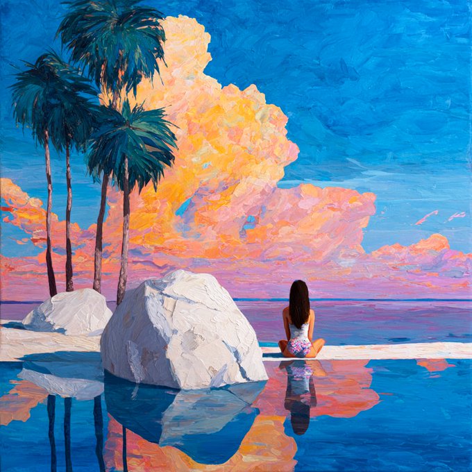 A vibrant painting depicting a woman sitting on a ledge looking out at the ocean, with pink and orange clouds, tall palm trees, and white boulders in the foreground.