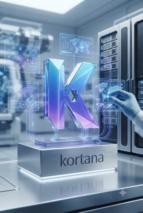 Futuristic 3D render showing a glowing crystalline 'K' letter on a pedestal labeled 'kortana', with a gloved hand interacting with holographic world maps.
