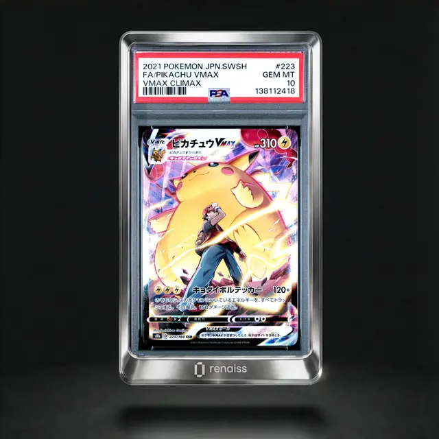 A PSA 10 graded 2021 Japanese Pokémon card #223 featuring a Full Art Pikachu VMAX (VMAX Climax) in a protective slab.