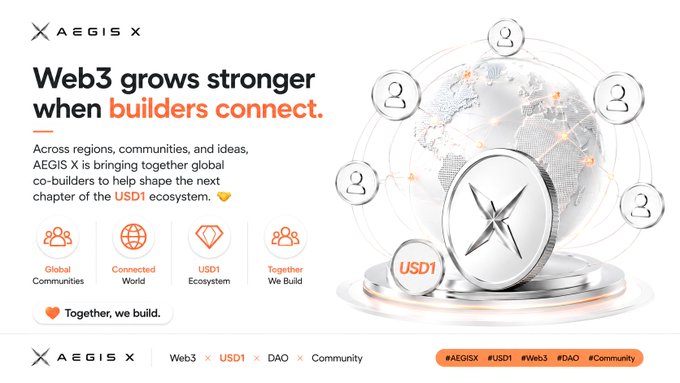 The image is a promotional graphic for AEGIS X featuring the headline "Web3 grows stronger when builders connect," alongside a 3D globe illustration with user profile icons and a prominent USD1 coin, visually reinforcing the post's message about uniting global co-builders to shape the USD1 ecosystem.