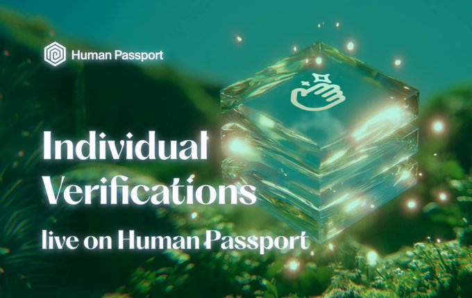 A promotional graphic for Human Passport featuring a glowing glass cube against a green, underwater-like background with the text 'Individual Verifications live on Human Passport'.