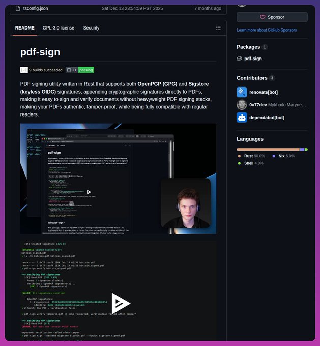 A GitHub repository page for "pdf-sign" is displayed, showing a README description explaining the tool's purpose for signing PDFs with OpenPGP (GPG) and Sigstore signatures, alongside a video thumbnail featuring a person and a terminal screenshot demonstrating signature creation and verification commands.