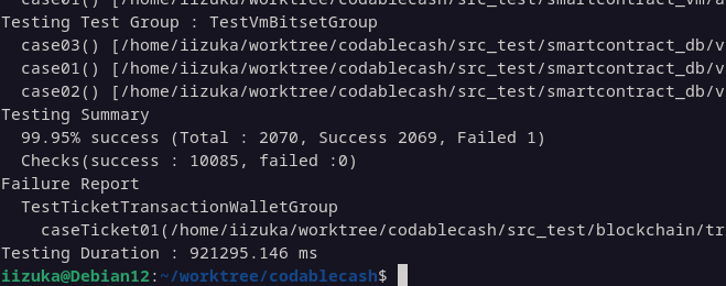A terminal screenshot displays a test summary for the Codablecash project, showing a 99.95% success rate across 2070 tests (2069 passed, 1 failed), with the single failure in TestTicket01 of TestTicketTransactionWalletGroup. The testing duration was 921295.146 ms, and the image illustrates the meticulous pre-implementation testing phase mentioned in the caption, highlighting the final check needed before proceeding to cross-chain transfer transaction implementation.