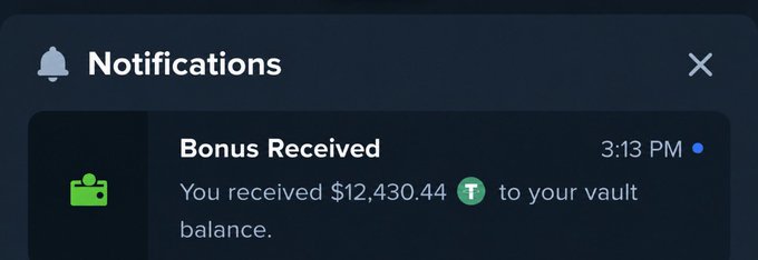 A notifications panel displays a "Bonus Received" alert at 3:13 PM, confirming a deposit of $12,430.44 to the user's vault balance, corroborating their claim of receiving a $12k bonus from Stake.