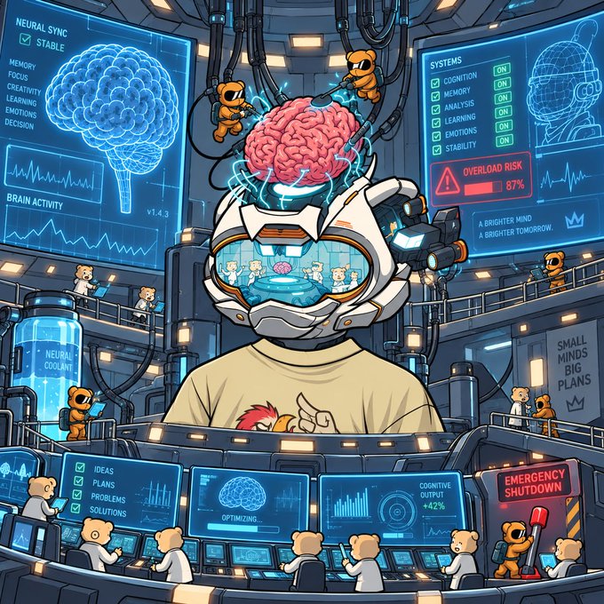 A cyberpunk-style digital illustration showing a character with an exposed mechanical brain in a high-tech lab with bear scientists, featuring UI elements like 'NEURAL SYNC STABLE', 'OVERLOAD RISK 87%', 'COGNITIVE OUTPUT +42%', and 'EMERGENCY SHUTDOWN'.