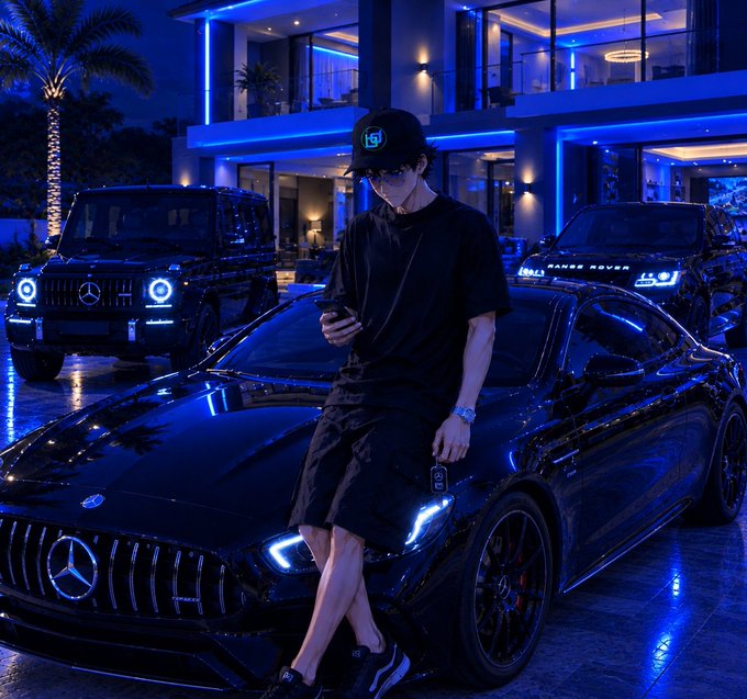 A stylish young man in a black cap reading 'Hsj', black t-shirt, and shorts leans against a black Mercedes-AMG GT car, with a Mercedes G-Wagon and a Range Rover parked behind him near a modern building.