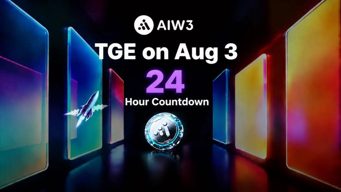 A promotional countdown graphic for AIW3's Token Generation Event (TGE) on August 3, featuring a glowing "24 Hour Countdown" with the AIW3 logo and $AIW3 token emblem displayed against a futuristic, illuminated backdrop of colorful panels, visually emphasizing the imminent launch mentioned in the post.