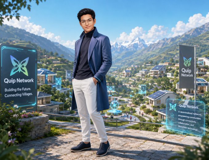 A confident young man in a blue coat and white pants stands in a scenic mountain village, flanked by glowing digital billboards displaying "Quip Network — Building the Future, Connecting Villages" and "A decentralized network empowering communities through connection, collaboration, and blockchain technology."

The image visually reinforces the post's message by depicting "Quip Network" as a community-focused blockchain initiative, with the futuristic holographic signage set against a traditional village landscape symbolizing the bridging of emerging token/NFT technology with real-world, decentralized communities—much like how QuipSwap extends beyond simple token swaps to support unique NFT assets without standard pricing or liquidity.
