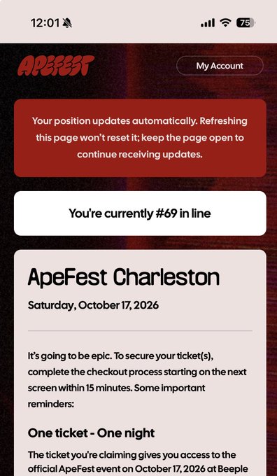 Mobile screenshot of ApeFest ticket queue showing 'You're currently #69 in line' for ApeFest Charleston on Saturday, October 17, 2026.