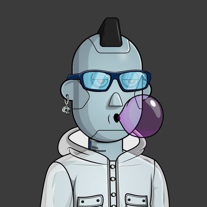 An illustration of a robot character with a mohawk, blue sunglasses, a skull earring, and a purple bubblegum bubble, wearing a gray hoodie.