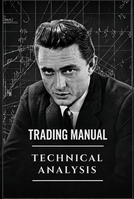 The title of the image is "TRADING MANUAL - Technical Analysis". The focus of this image is a man wearing a suit, seated at his desk and facing a book or poster with instructions related to technical analysis (technical trading).