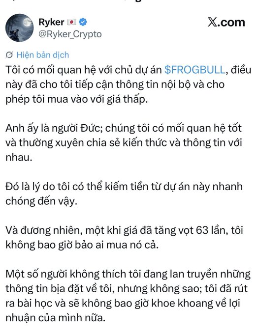 A Vietnamese-language tweet from Ryker (@Ryker_Crypto) claiming insider knowledge of the $FROGBULL project and describing a 63x gain.