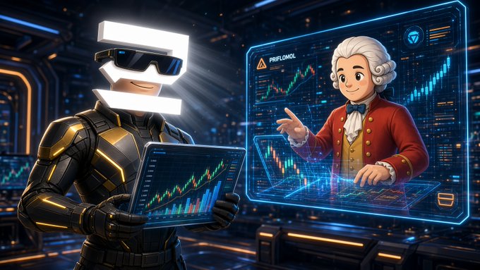 A futuristic digital illustration shows an armored figure with a white 'E'-shaped logo for a face, wearing sunglasses and holding a holographic tablet displaying a chart. To the right, a holographic figure in a powdered wig and red coat gestures toward trading graphs, with the word 'PROFLOMOOL' displayed on the screen.