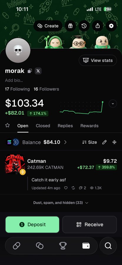 A mobile app screenshot showing a user profile named 'morak' with a portfolio balance of $103.34, up 174.1%, displaying holdings including 'Catman' token and a 'Dust, spam, and hidden' section.