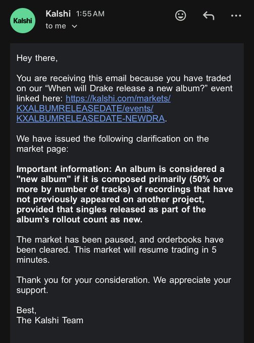 An email from Kalshi at 1:55 AM clarifying their 'When will Drake release a new album?' market, defining an album as 50%+ new tracks and noting a 5-minute trading pause.