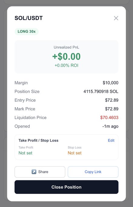 A screenshot of a trading interface showing a SOL/USDT long 30x position on Sfexwallet, opened with a $10,000 margin at an entry price of $72.89, currently showing $0.00 unrealized PnL. The post celebrates the user's first trade of the day with a SOL long 30x position on Sfexwallet, linking to their trade for others to copy.
