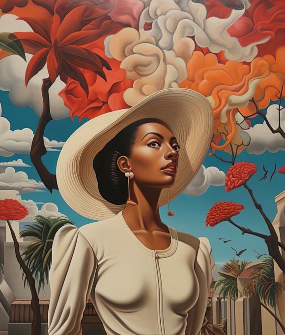A stylized digital artwork depicts a woman wearing a wide-brimmed cream hat and top, set against a vibrant background of swirling clouds, red flowers, and tropical foliage in a surreal landscape.