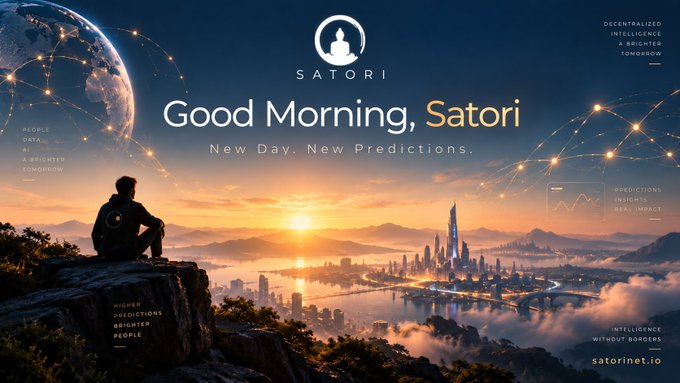 Satori promotional banner showing a person sitting on a cliff overlooking a futuristic city at sunrise, with text 'Good Morning, Satori' and 'New Day. New Predictions.'