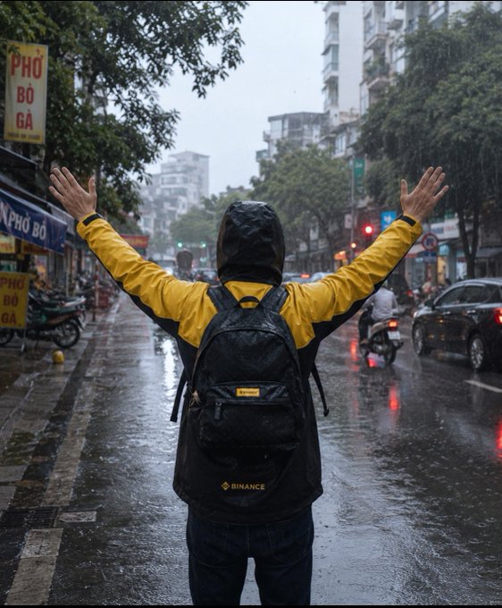 A person in a yellow and black jacket with a Binance-branded backpack stands with arms raised on a rainy street in Vietnam, with 'Phở Bò Gà' signs visible on the left.