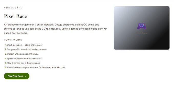 An arcade game page for 'Pixel Race' on Canton Network, describing an 8-bit endless runner where players dodge traffic, collect CC coins, and earn XP, with a 'Play Pixel Race' button.