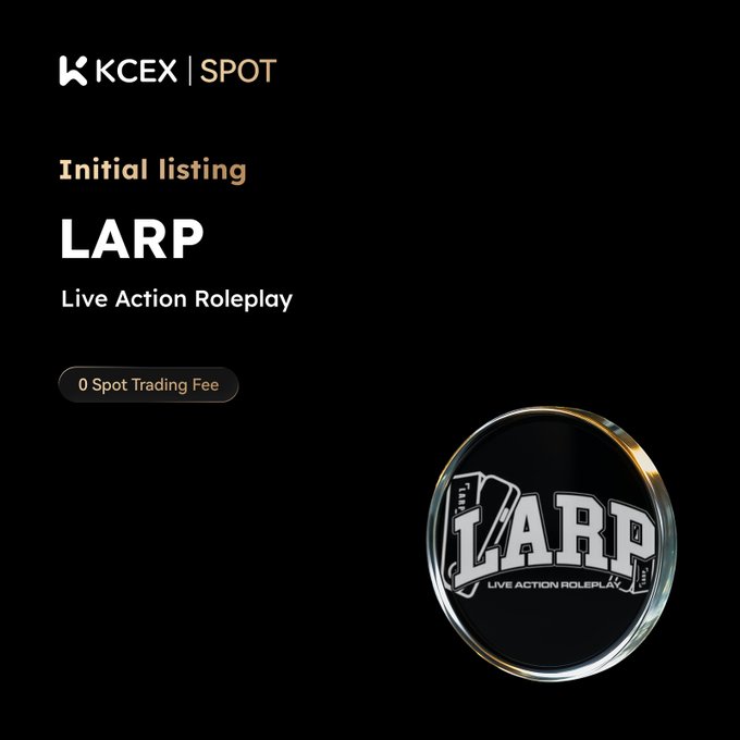 A promotional graphic for KCEX announcing the initial spot listing of LARP (Live Action Roleplay), featuring a metallic silver and gold coin-style logo of "LARP" on a black background, with the note "0 Spot Trading Fee" to highlight zero-fee trading for the Solana-based meme token.
