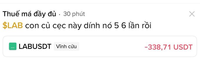 A Vietnamese social media post reading 'Thuê má đầy đủ · 30 phút / $LAB con cặc này đánh nó 5 6 lần rồi' with a loss of -338,71 USDT shown for LABUSDT (Vĩnh cửu).