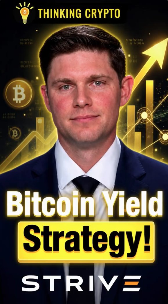 The image shows a YouTube thumbnail featuring a man in a suit against a background of Bitcoin symbols and an upward-trending chart, with "THINKING CRYPTO" branding at the top and "Bitcoin Yield Strategy! STRIVE" text at the bottom. It promotes a video featuring Jeff Walton, Strive's Chief Risk Officer, discussing how their Bitcoin yield strategy aims to reduce volatility for investors compared to holding Bitcoin directly.