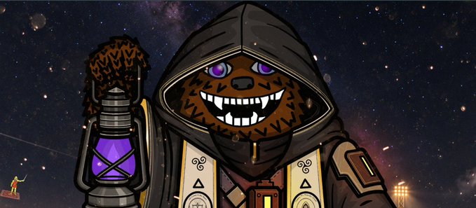 A stylized digital illustration depicts a hooded, grinning creature with purple eyes holding a lantern with a purple flame against a cosmic starry background.