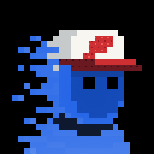 A pixel art graphic depicts a blue, blocky character wearing a red and white cap against a black background.