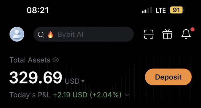 A screenshot of the Bybit mobile app shows a total asset balance of 329.69 USD, with today's P&L at +2.19 USD (+2.04%), reflecting the user's $275 weekly earnings from various sources (AP Collective, Jack NFT, Deestar subscription, and a perpetual trade).