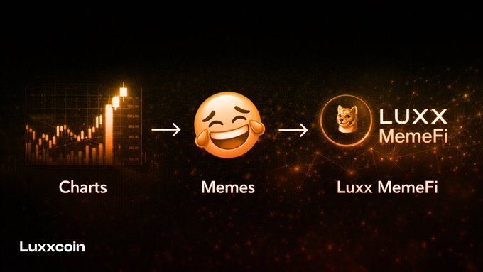 The image features a cartoon face with a smile, accompanied by three lines of text that describe the concept behind a new system called MemeFi. The text explains that MemeFi was born when people realized staring at charts was already a game and started turning their feelings into a real system. Additionally, it mentions that Luxx MemeFi was created because "MemeFi" seems to be in fashion, indicating its popularity among users on social media platforms.