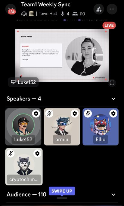 A screenshot of a Team1 Weekly Sync live town hall stream featuring speaker Luke152 and three other speakers (armin, Ellio, cryptochim...) with an audience of 110.