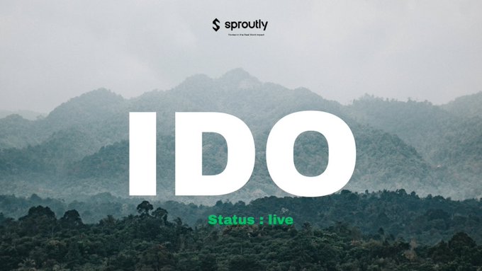 A website screenshot for 'sproutly' featuring large 'IDO' text over a misty mountain landscape, with 'Status : live' displayed in green.