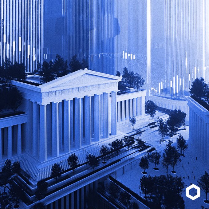 The image features a large white building with columns, surrounded by trees and other buildings. The scene appears to be an aerial view of a city or town, possibly from a satellite. The text "chainlink labs" can also be seen in the image, which might suggest that this is related to technology development. The post seems to be discussing the transition of skilled programmers who have completed their projects and are now moving on to new projects, as well as the distribution of these skilled individuals between various locations within the city or town.