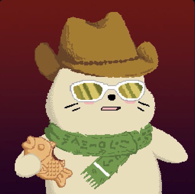 A cartoon character resembling a pale cat or hamster wearing a brown cowboy hat, yellow-tinted sunglasses, and a green patterned scarf, holding a fish-shaped snack against a dark red gradient background.