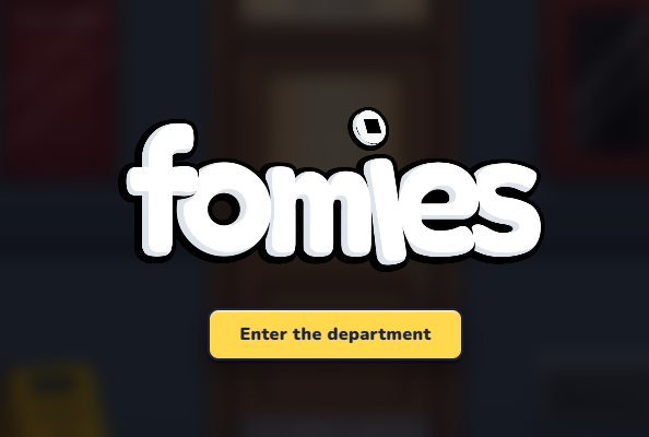 A logo screen for 'fomles' featuring bold white cartoon lettering with a small lock icon above it, above a yellow 'Enter the department' button.