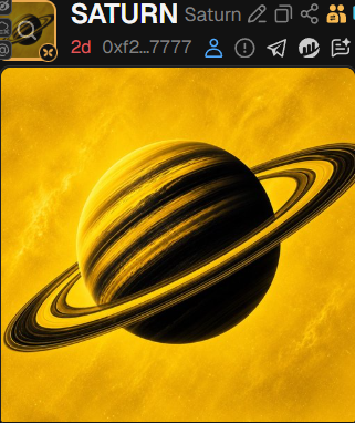 A photograph of Saturn displayed on a mobile browser at saturn.pics, showing the planet's iconic rings against a yellow-orange atmospheric backdrop, with a wallet address '0xf2...7777' visible.