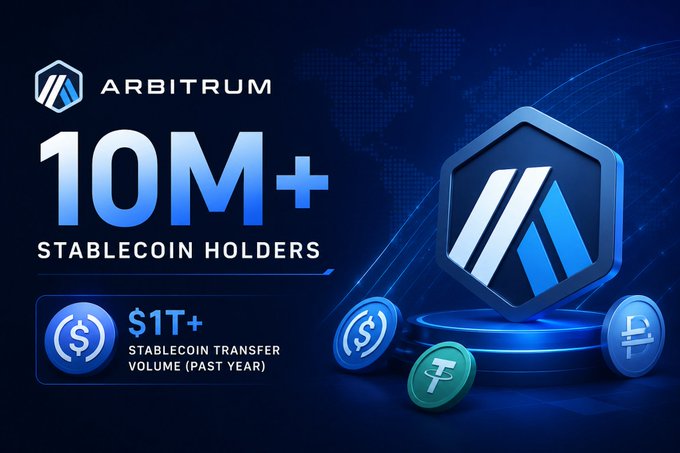 The image features a blue background with a large hexagon containing an "A" symbol at its center. Below this, there are three circles representing stablecoins, each with a different color - green, white, and black. The text on the image reads "BREAKING: @arbitrum has officially crossed 10 million stablecoin holders", indicating that the network has reached a significant milestone in terms of stablecoin adoption.