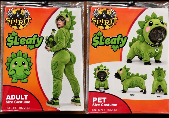 Packaging for a 'Spirit' brand 'Leafy' Halloween costume, shown in both adult (human model) and pet (small black dog) sizes.