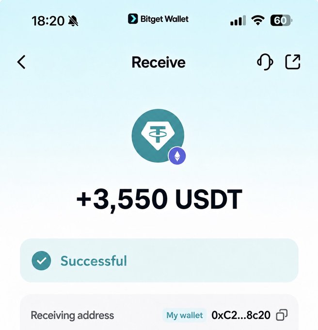 A Bitget Wallet mobile app screenshot displaying a successful receipt of +3,550 USDT to the receiving address 0xC2...8c20.