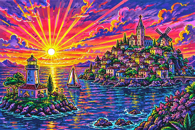 A vibrant, colorful painting of a coastal Mediterranean village at sunset, featuring a lighthouse, a windmill, sailboats, and bright pink, orange, and yellow skies reflecting on the water.