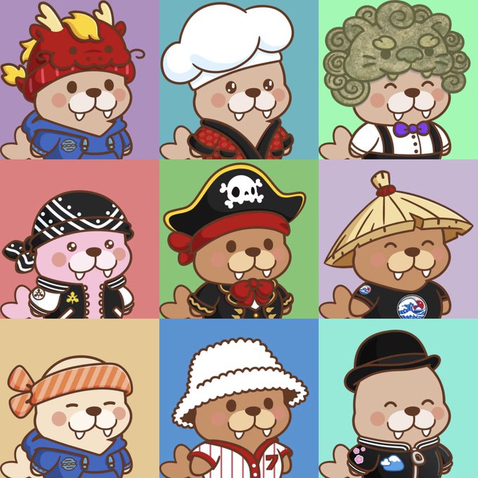 A 3x3 grid of cartoon beaver mascots dressed in various costumes including a dragon, chef, pirate, astronaut, and others.
