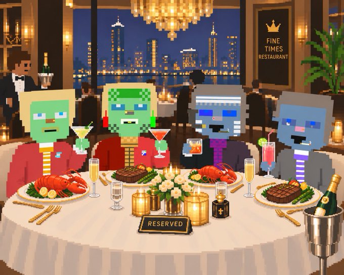 A pixel art illustration shows four zombie-like characters dining at a reserved table in an upscale restaurant, with steak, lobster, and champagne, set against a nighttime city skyline.