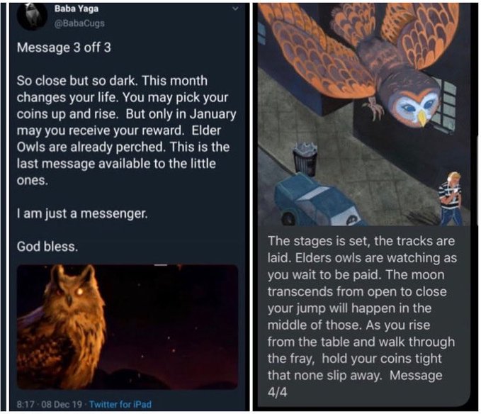 The image shows two side-by-side tweets from a user named "Baba Yaga" (@BabaCugs). The left tweet (Message 3 of 3) reads: "So close but so dark. This month changes your life. You may pick your coins up and rise. But only in January may you receive your reward. Elder Owls are already perched. This is the last message available to the little ones. I am just a messenger. God bless." alongside an image of an owl. The right tweet (Message 4/4) features an illustration of a large owl over a city scene with the text: "The stages is set, the tracks are laid. Elders owls are watching as you wait to be paid. The moon transcends from open to close your jump will happen in the middle of those. As you rise from the table and walk through the fray, hold your coins tight that none slip away." This cryptic messaging aligns with the accompanying post's reference to XRP