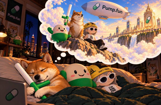 Artwork depicting a Shiba Inu sleeping in bed with green pill plushie and a figure in a yellow cap, dreaming of a fantasy landscape featuring the same characters with a Pump.fun blimp overhead.