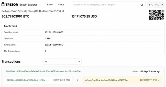 A Trezor Bitcoin Explorer page showing address bc1qpu2wm2j5wnjgp5ksgf54hk8k2ra602599kq with a final balance of 202.79103991 BTC (13,171,075.25 USD), containing 1 transaction mined 262 days 8 hours ago