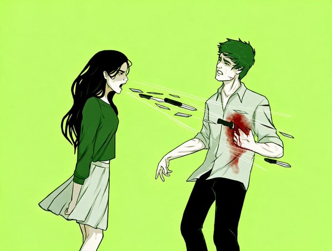 An anime-style illustration on a green background showing a black-haired woman piercing a green-haired man with multiple knives, with blood visible on his chest.